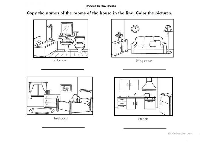 Worksheet for identifying rooms in a house with a word bank for children. Rooms in a House worksheet for second graders focusing on addition skills.