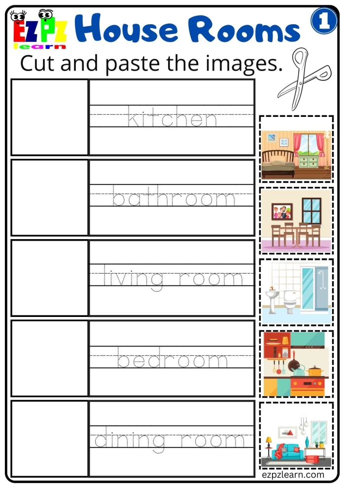 Worksheet for identifying rooms in a house, designed for second graders to enhance their addition skills. Educational image for a "Rooms in a House" activity aimed at helping children learn through filling in a word bank.