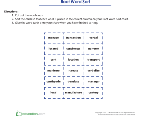 Root It Out: Word Sort worksheet for fourth-grade students Worksheet featuring a cut-and-paste activity for sorting root words in Earth and Space Science