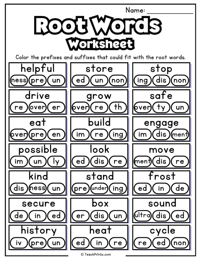 Cut-and-paste categorizing exercise for Earth and Space Science students in Grade 4 Worksheet showcasing the "Root It Out: Word Sort" activity for fourth graders to practice root words