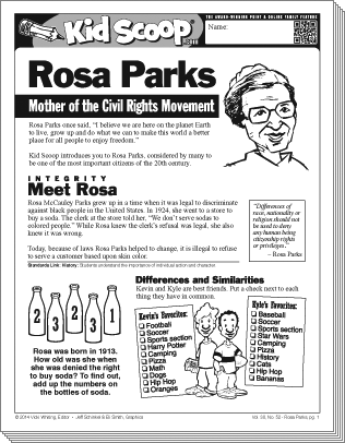 Second grade math worksheet featuring a historical portrait and biography of civil rights leader Rosa Parks