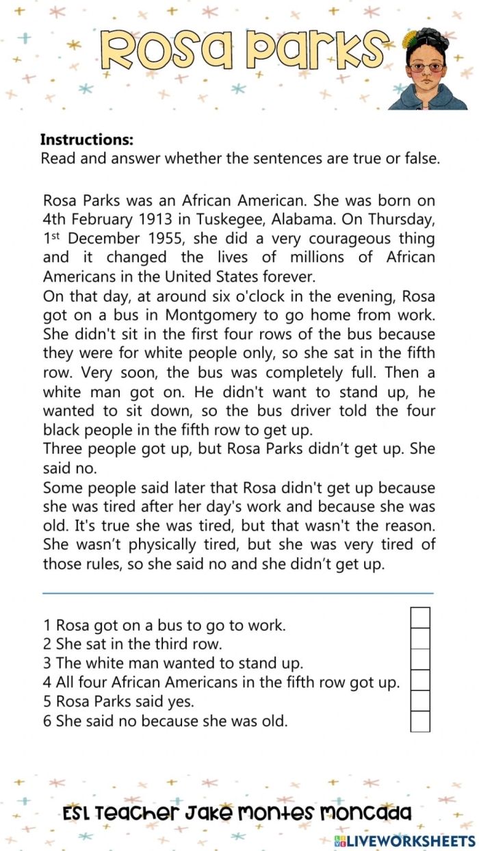 Rosa Parks worksheet for second graders focusing on her impact in civil rights education