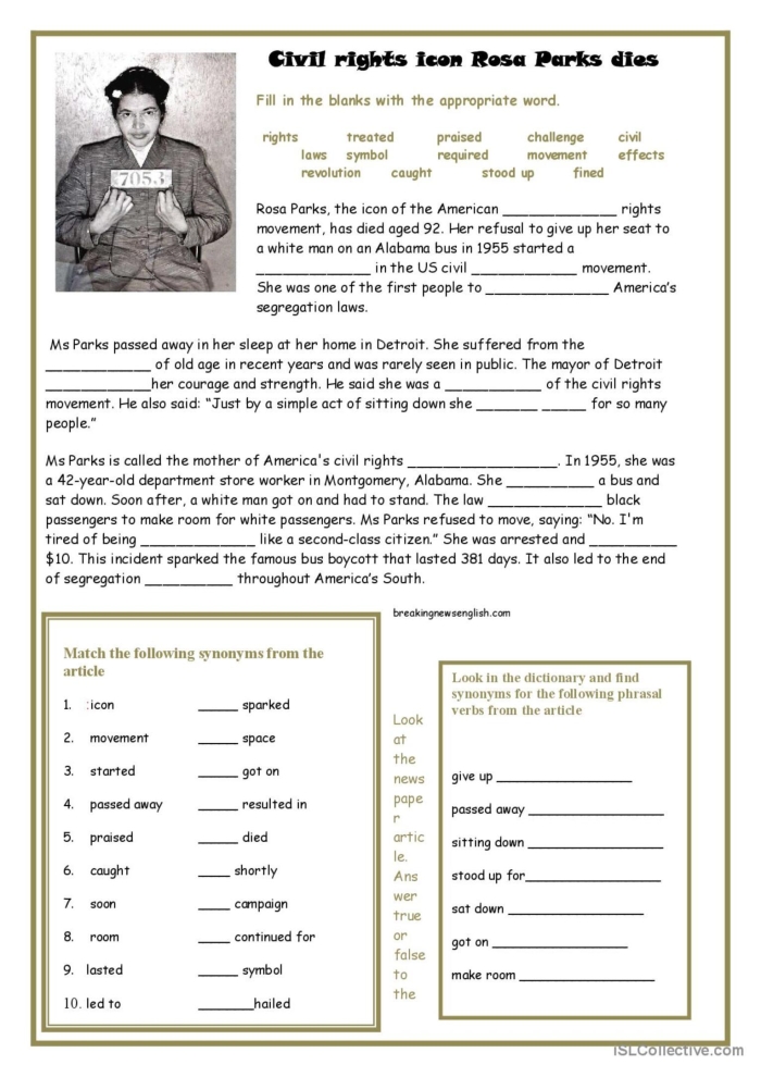 Rosa Parks Historical Heroes worksheet for second graders focusing on civil rights education