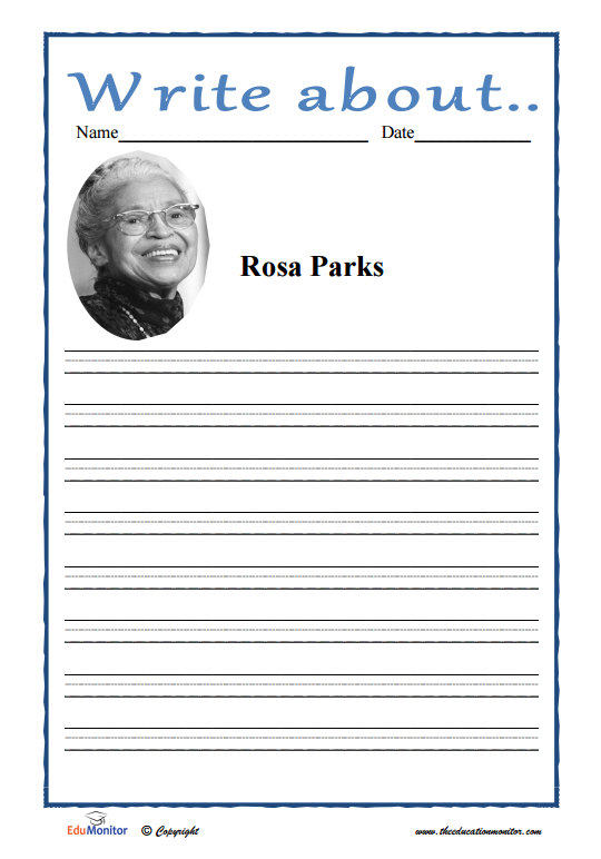 Second grade student worksheet featuring an illustration of Rosa Parks for a history and math lesson
