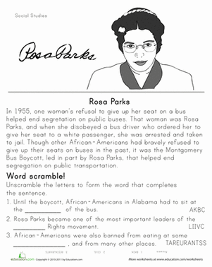 Second grade worksheet featuring a historical summary and algebraic math problems about Rosa Parks