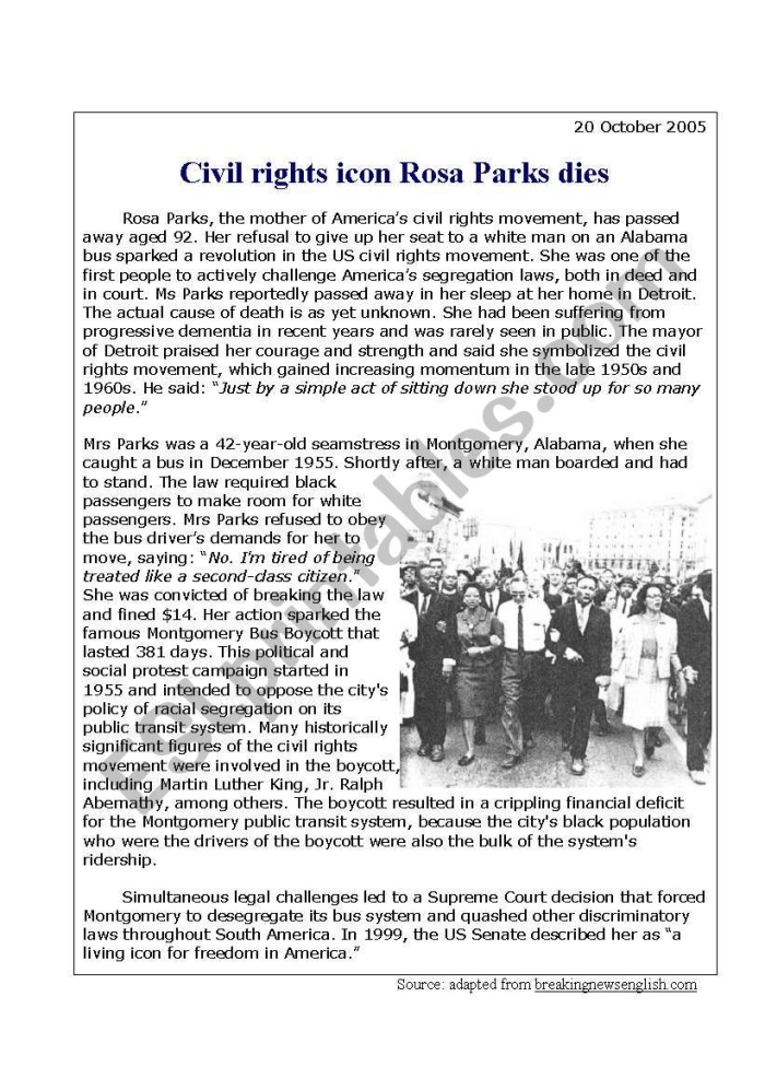 Rosa Parks: A worksheet for second graders exploring her impact on civil rights