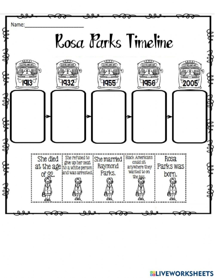 Second grade math worksheet featuring a historical portrait and biography of civil rights leader Rosa Parks