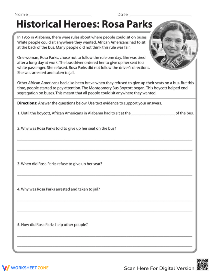 Rosa Parks Historical Heroes worksheet for second graders featuring engaging activities