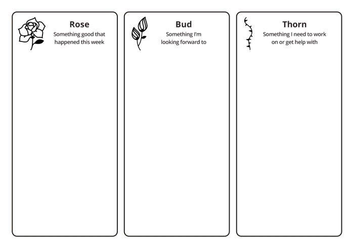 Sixth grade students completing a rose and thorn reflection activity worksheet to develop social emotional awareness