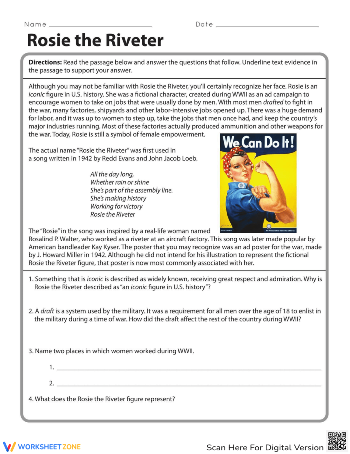 Educational worksheet for fifth graders featuring Rosie the Riveter history lesson 22 Fifth grade students learning about Rosie the Riveter and the World War II era on a social studies worksheet