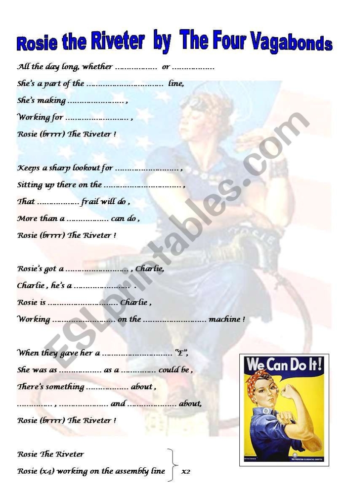 Rosie the Riveter World War II history lesson for fifth grade students number 18 Fifth grade student worksheet featuring an illustration and historical facts about Rosie the Riveter for social studies