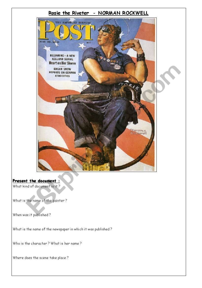Rosie the Riveter represents women's contributions to the wartime industrial workforce A young woman in work clothes and a red bandana flexing her arm as a symbol of female workers during World War II