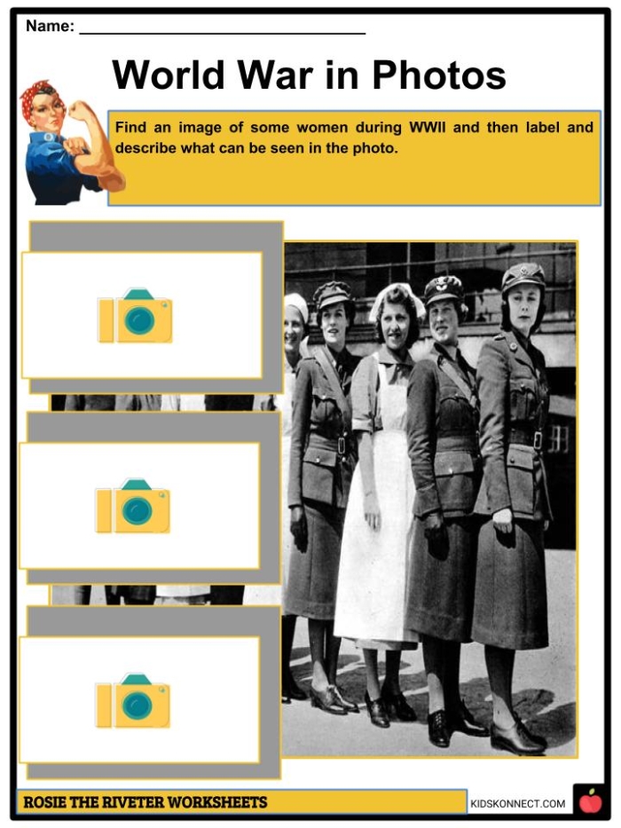 Rosie the Riveter Social Studies Worksheet for Elementary Students A fifth grade student worksheet featuring Rosie the Riveter and information about women workers during World War II