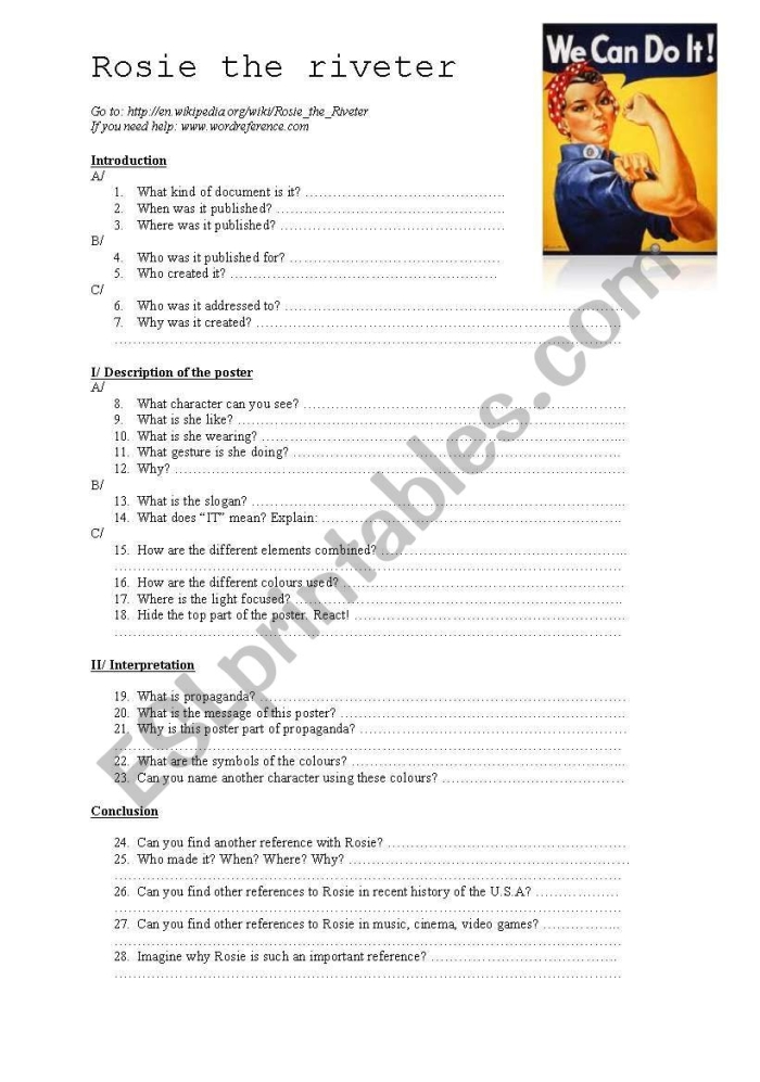 Rosie the Riveter social studies activity for fifth grade lesson seven Fifth grade students learning about history with a Rosie the Riveter worksheet