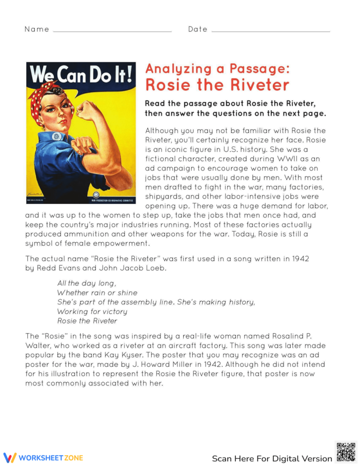 Rosie the Riveter worksheet activity for elementary students exploring WWII history Fifth grade students learning about Rosie the Riveter and women's contributions during World War II on a social studies worksheet