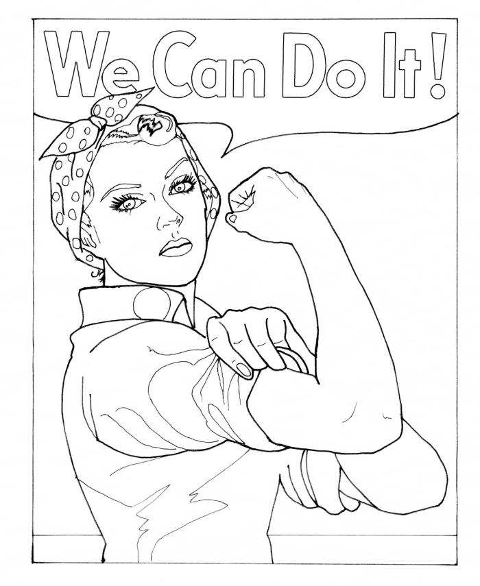Rosie the Riveter Worksheet Image 9 - Women in Wartime Manufacturing A young girl in work clothes and a red bandana flexes her arm muscle as a symbol of women workers during World War II