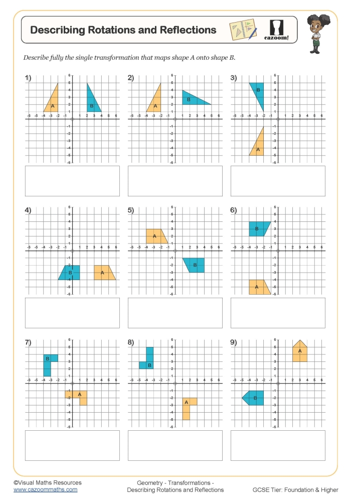 Eighth grade geometry worksheet on understanding rotations Worksheet demonstrating rotations on the coordinate plane for eighth graders