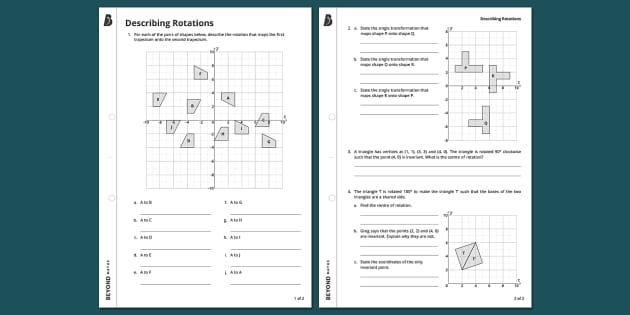 Worksheet on Describing Rotations for eighth-grade students Eighth-grade geometry worksheet focused on understanding rotations in the coordinate plane
