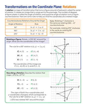 Eighth grade math worksheet focusing on rotating geometric shapes 90 180 and 270 degrees counterclockwise on a coordinate grid