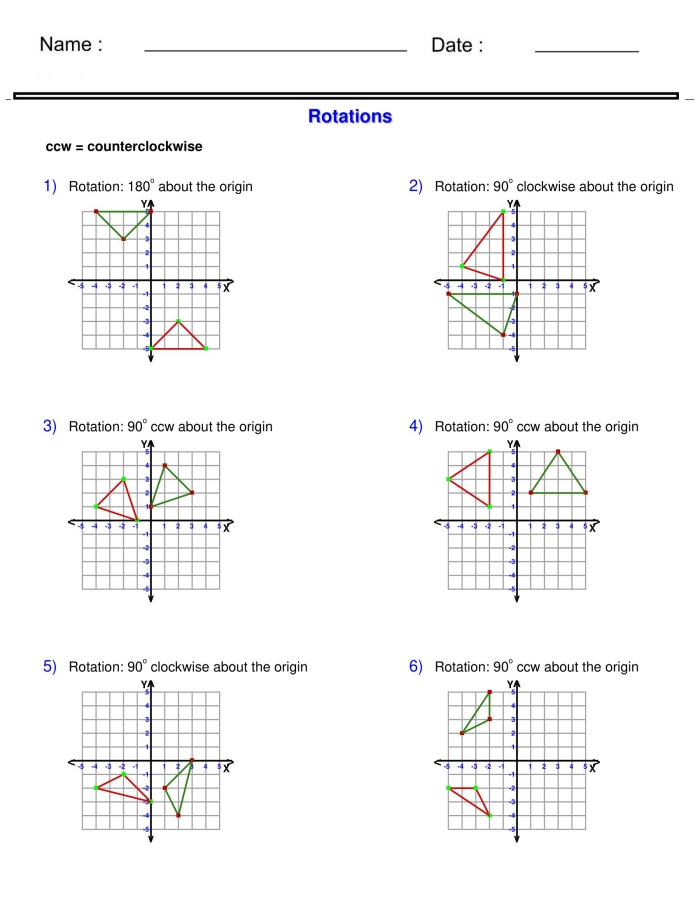 Rotations on the Coordinate Plane Handout for Middle School Math Students Eighth grade student worksheet showing coordinate plane rotation examples and practice problems for learning transformations
