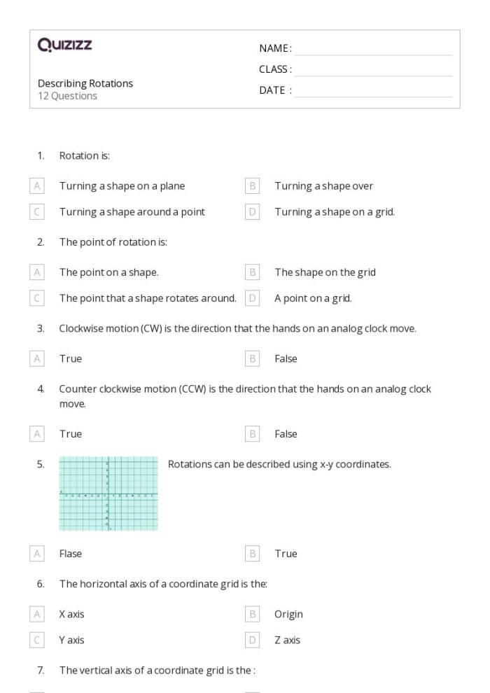 Describing Rotations Worksheet Geometry Practice 9 Eighth grade geometry worksheet featuring coordinate plane rotation problems