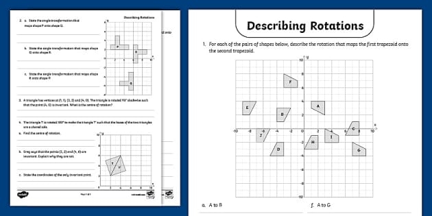 Describing Rotations Worksheet Number Six Eighth grade geometry worksheet featuring coordinate plane rotation problems