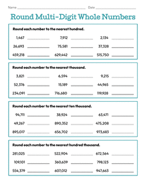 Fourth grade math worksheet showing exercises for rounding multi-digit whole numbers with visual number lines and practice problems