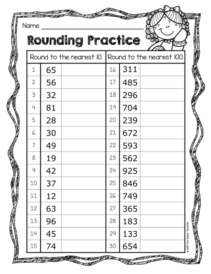 Third grade student worksheet for rounding three-digit numbers to the nearest tens and hundreds
