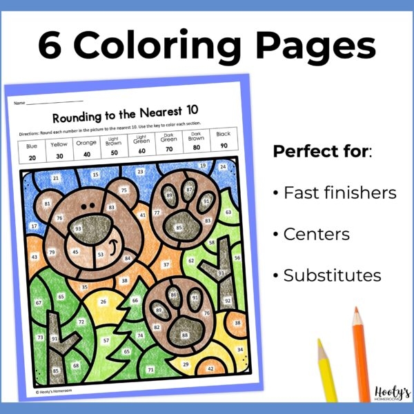 Rounding Color by Number Sea Turtle and Sea Stars Worksheet 3 Third grade math worksheet featuring a swimming sea turtle and colorful sea stars for rounding practice