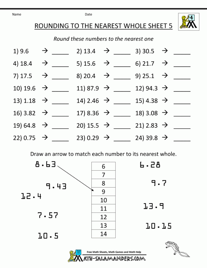 Rounding to Whole Numbers worksheet for fifth graders focusing on decimals and fractions