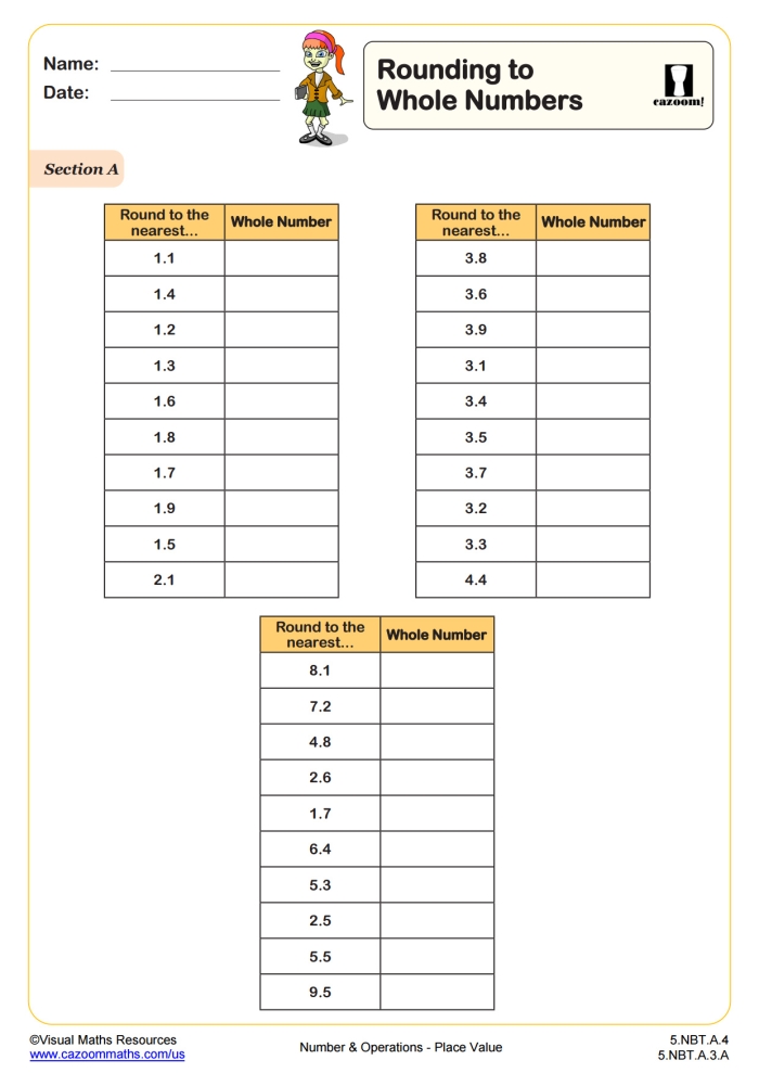 Fifth grade students practice rounding decimals and fractions to the nearest whole number on this math worksheet