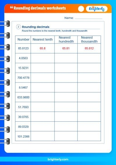 Rounding Decimals and Comparing Values Practice Sheet 24 Fifth grade math worksheet showing decimal rounding exercises with comparison problems for students to practice place value skills