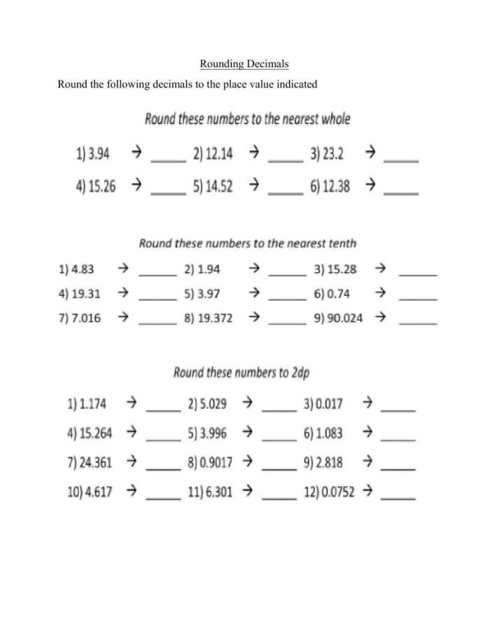 Rounding Decimals Practice Worksheet for Fifth Grade Math Lesson 14 Fifth grade math worksheet for rounding decimals and comparing numerical values