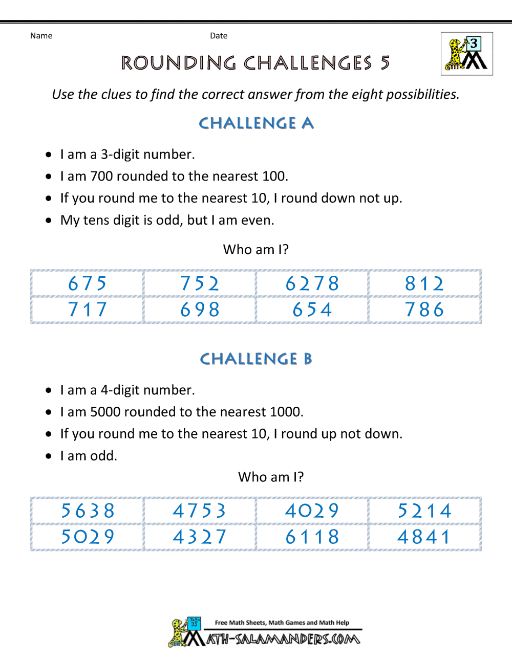 Rounding to Whole Numbers worksheet for fifth-grade students practicing decimal and fraction rounding