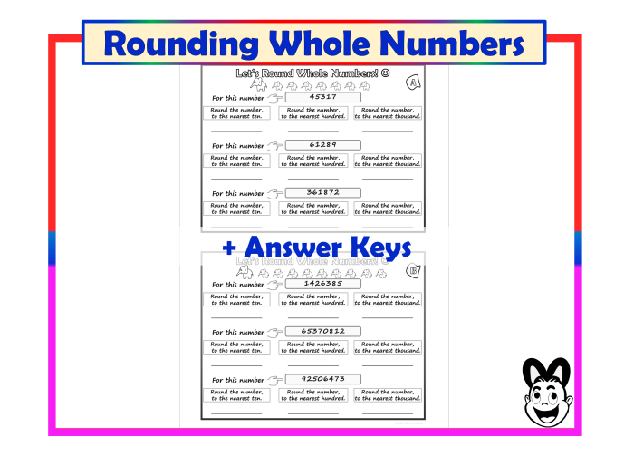 Rounding to Whole Numbers worksheet for fifth graders focusing on decimals and fractions