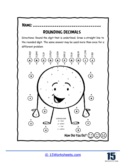 Rounding Decimals and Comparing Values Practice Sheet 10 Fifth grade math worksheet showing decimal rounding exercises with comparison problems for students to complete
