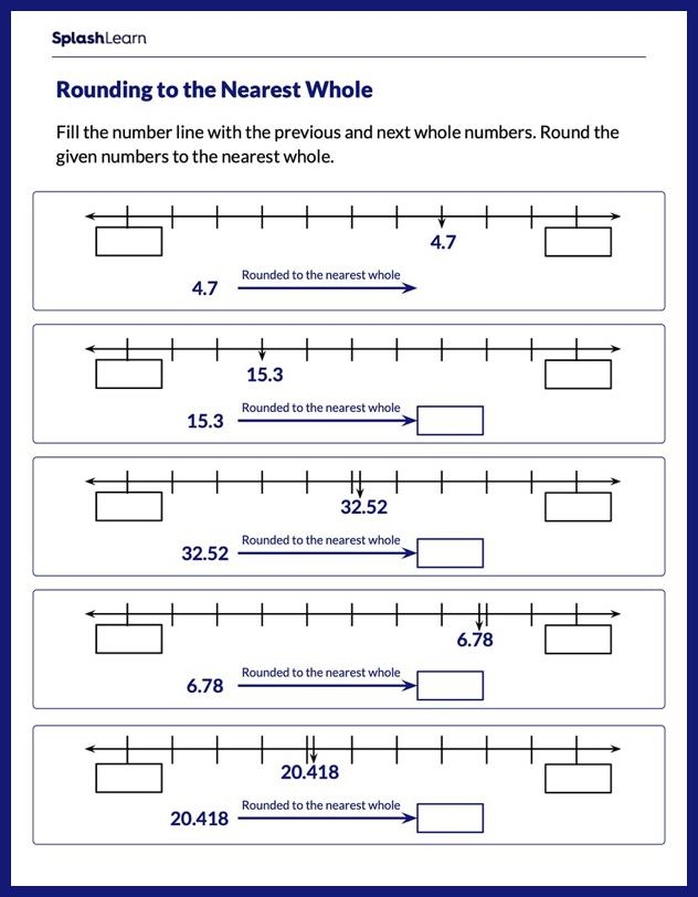 Fifth grade students practicing rounding decimals and fractions to the nearest whole number on worksheet 13
