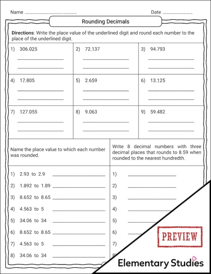 Rounding Decimals Practice Worksheet for Fifth Grade Math Lesson 3 Fifth grade student completing a math worksheet on rounding decimals to the nearest value
