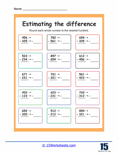 Third grade math worksheet showing rounding exercises where students estimate sums by rounding two numbers before adding them together