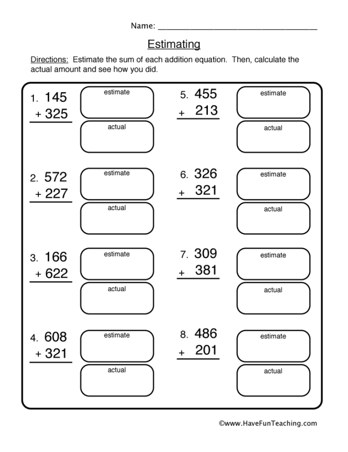 Third grade student practicing math skills by rounding numbers to estimate sums on a worksheet