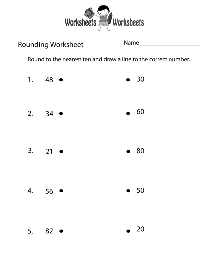 Fourth grade math worksheet showing rounding multi-digit whole numbers practice problems and exercises
