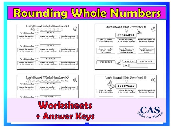 Fourth grade math worksheet featuring practice exercises for rounding multi-digit whole numbers