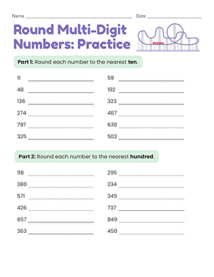 Fourth grade students practicing rounding multi-digit whole numbers on a math worksheet with example problems and exercises