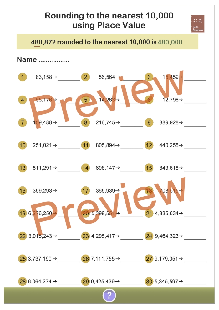 Fourth grade math worksheet for practicing rounding multi-digit whole numbers