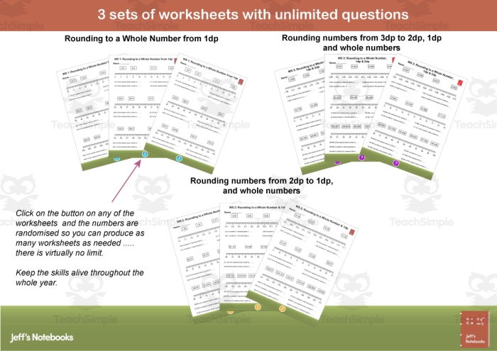 Fourth grade students practicing rounding multi-digit whole numbers on a worksheet exercise
