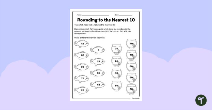 Rounding to the Nearest 10 Practice Problems for Elementary Students Third grade math worksheet showing rounding exercises with numbers rounded to the nearest 10 for developing estimation skills