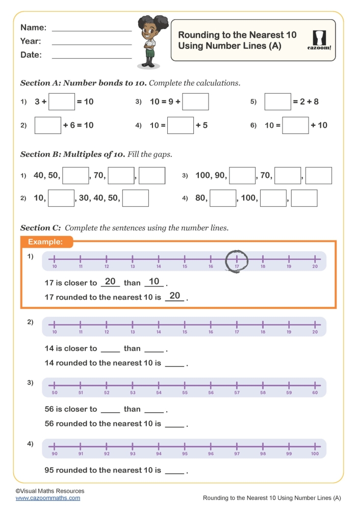 Rounding to the Nearest 10 Practice Activity for Elementary Math Learners Image 10 Third grade math worksheet showing rounding numbers to the nearest 10 with practice problems and visual number line examples for students learning estimation skills