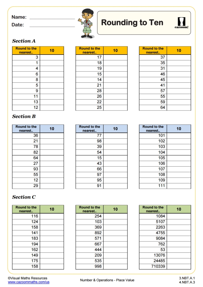 Rounding to the Nearest 10 Practice Problems for Elementary Math Learners Third grade math worksheet showing rounding exercises where students practice rounding two-digit numbers to the nearest ten with visual number line guides