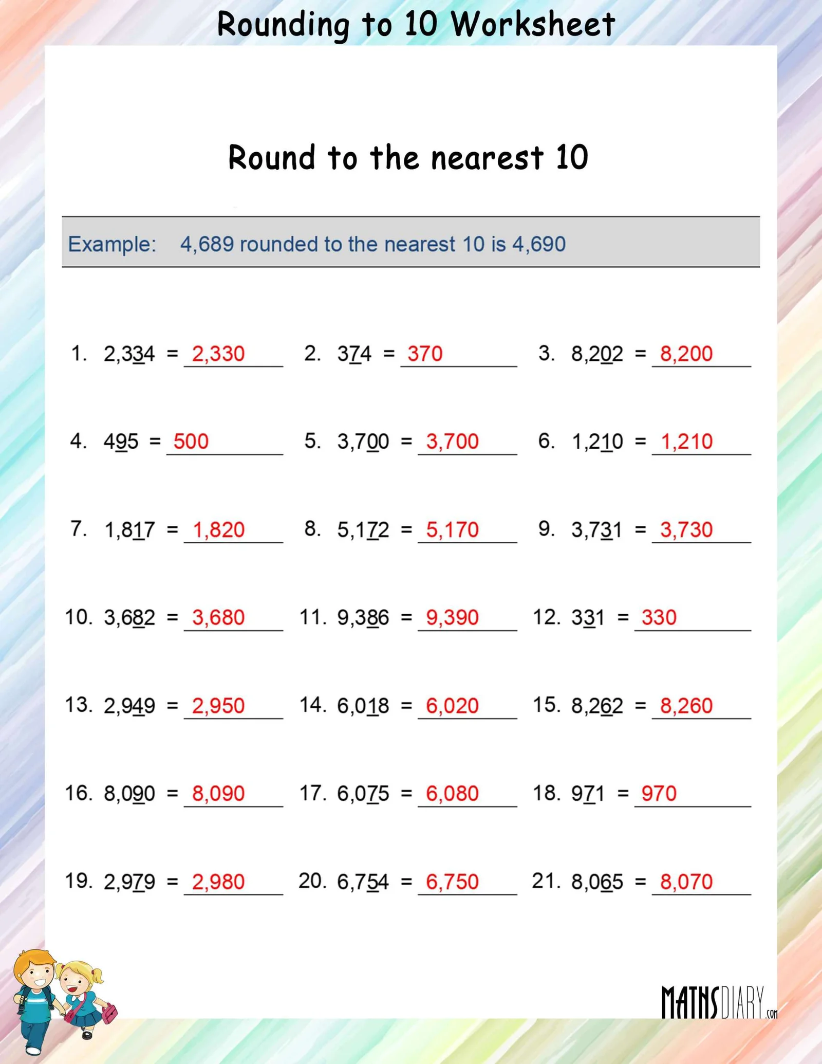 Rounding to the Nearest 10 Practice Problems for Elementary Math Students Third grade math worksheet showing rounding exercises where students practice rounding two-digit numbers to the nearest 10 with visual number line guides