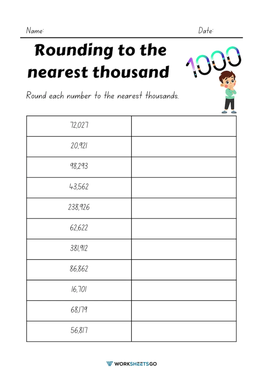 Measurement worksheet for Third Grade Students engaging with a rounding to the nearest thousand worksheet for third grade. Educational resource for practicing rounding and place value skills.